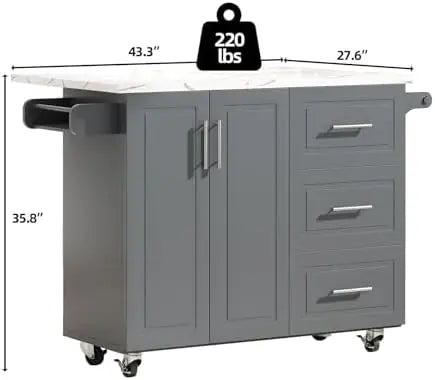 Kitchen Island on Wheels with Storage and Drop Leaf, Faux Marble Texture Tabletop, 43" Kitchen Island Cart with Towel