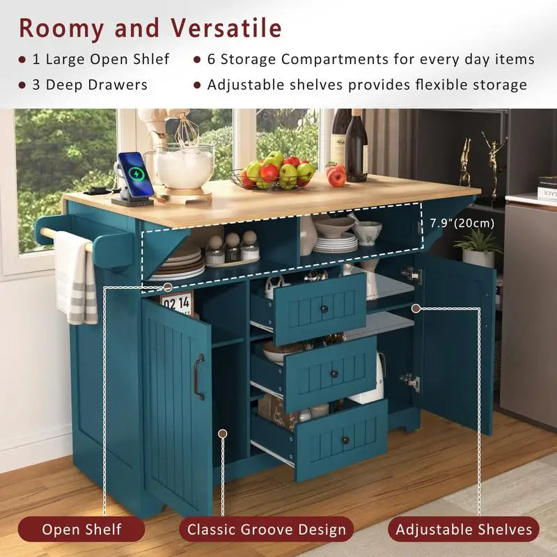 Large Kitchen Island with 2 Drop Leaves, Rolling Kitchen Cart on 5 Wheels, Power Outlet, Folding Storage Dining Table with