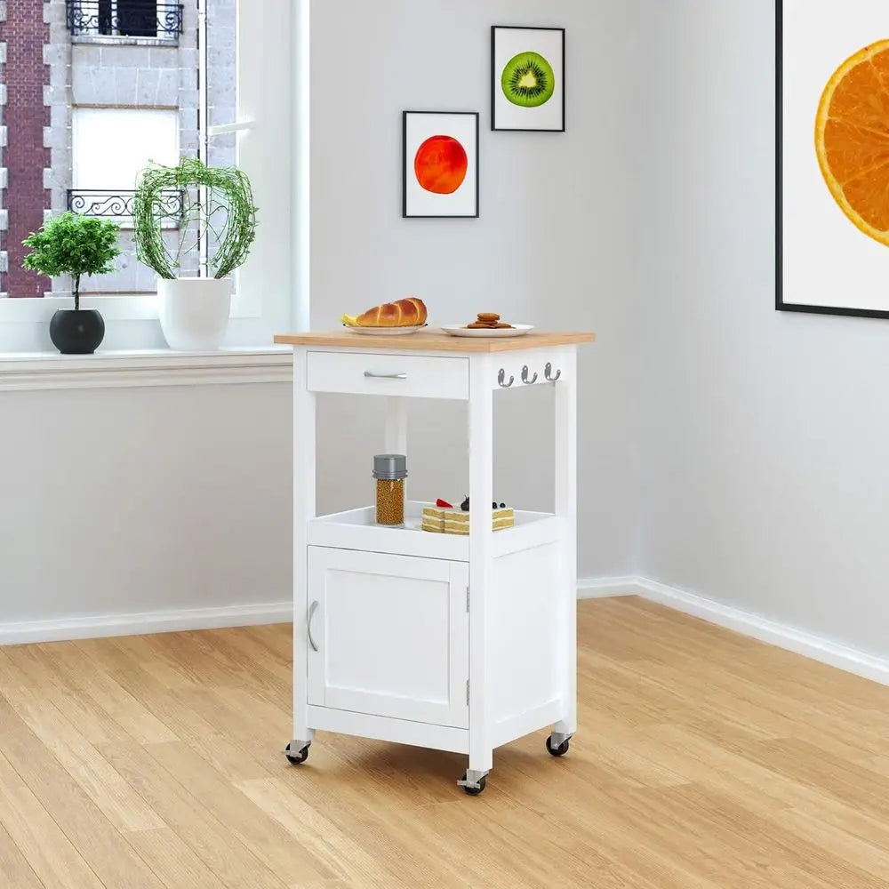 Rolling Kitchen Island Cart with Drawer, Storage Cabinet, Shelves, Natural Hardwood Top, White