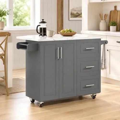 Kitchen Island on Wheels with Storage and Drop Leaf, Faux Marble Texture Tabletop, 43" Kitchen Island Cart with Towel