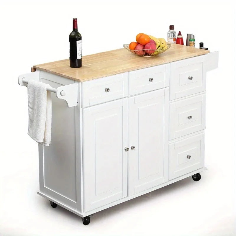 EROMMY Mobile Kitchen Island Cart with Wooden Top, Adjustable Shelves, Storage Drawers & Locking Wheels, White