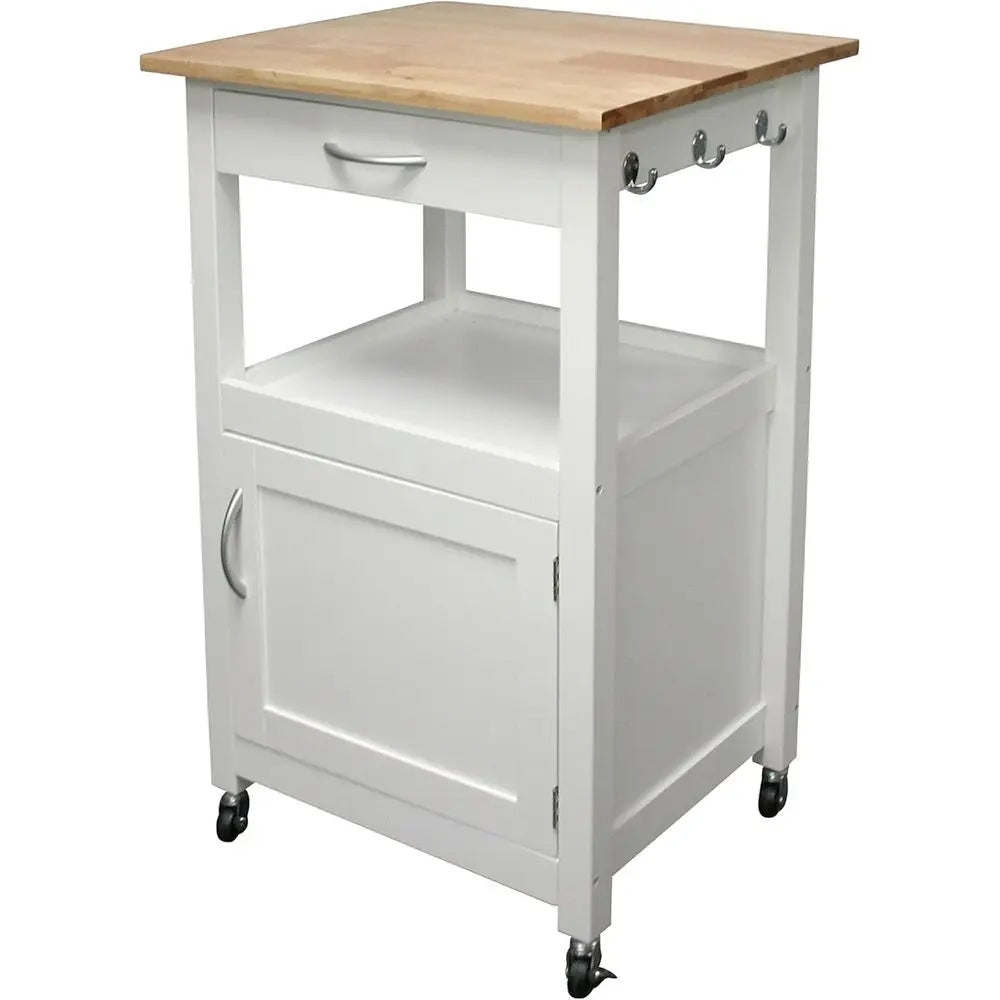 Rolling Kitchen Island Cart with Drawer, Storage Cabinet, Shelves, Natural Hardwood Top, White