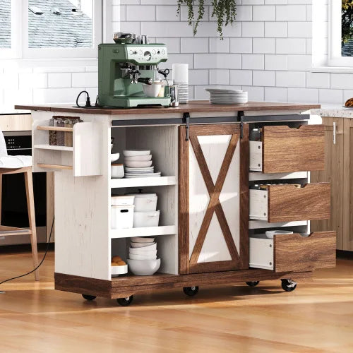 55.5" Farmhouse Kitchen Island with Drop Leaf,Kitchen Storage Island with Barn Door, Power Outlet,Rolling Kitchen Cart on Wheels