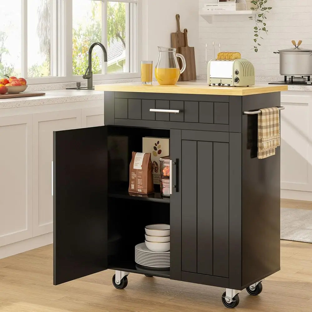 26 Wide Rolling Kitchen Island Cart with Storage Cabinet, Towel Rack, and Easy Mobility in Black