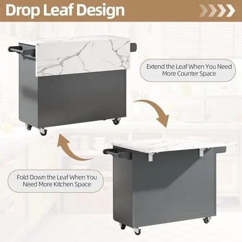 Kitchen Island on Wheels with Storage and Drop Leaf, Faux Marble Texture Tabletop, 43" Kitchen Island Cart with Towel