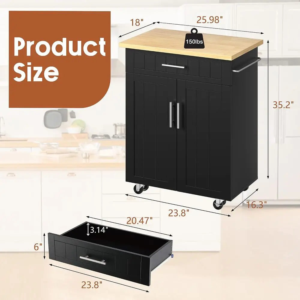 26 Wide Rolling Kitchen Island Cart with Storage Cabinet, Towel Rack, and Easy Mobility in Black