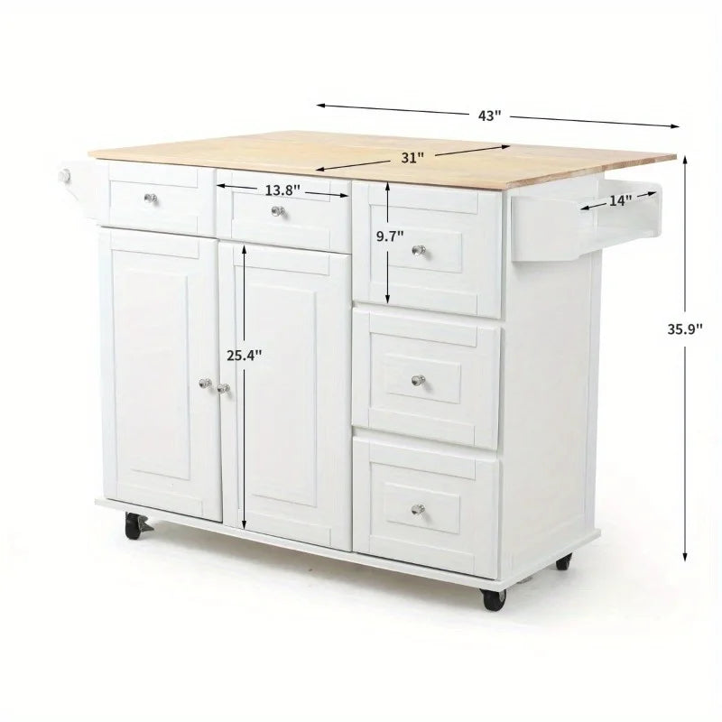 EROMMY Mobile Kitchen Island Cart with Wooden Top, Adjustable Shelves, Storage Drawers & Locking Wheels, White