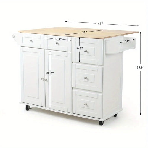 EROMMY Mobile Kitchen Island Cart with Wooden Top, Adjustable Shelves, Storage Drawers & Locking Wheels, White