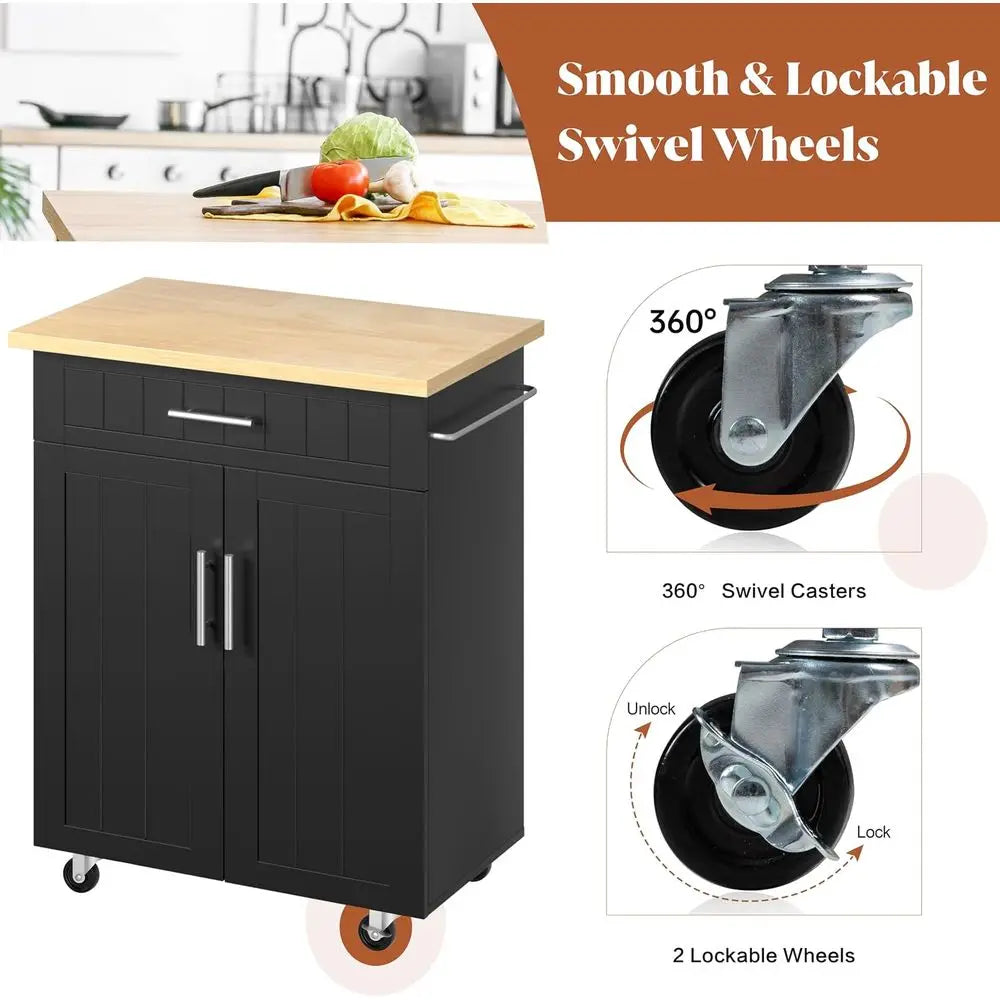 26 Wide Rolling Kitchen Island Cart with Storage Cabinet, Towel Rack, and Easy Mobility in Black
