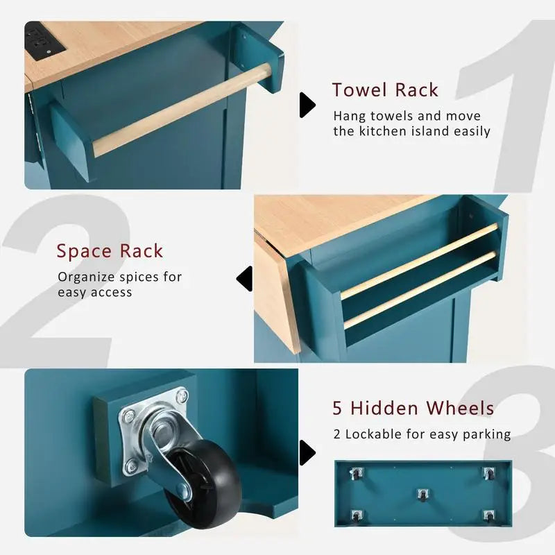 Large Kitchen Island with 2 Drop Leaves, Rolling Kitchen Cart on 5 Wheels, Power Outlet, Folding Storage Dining Table with
