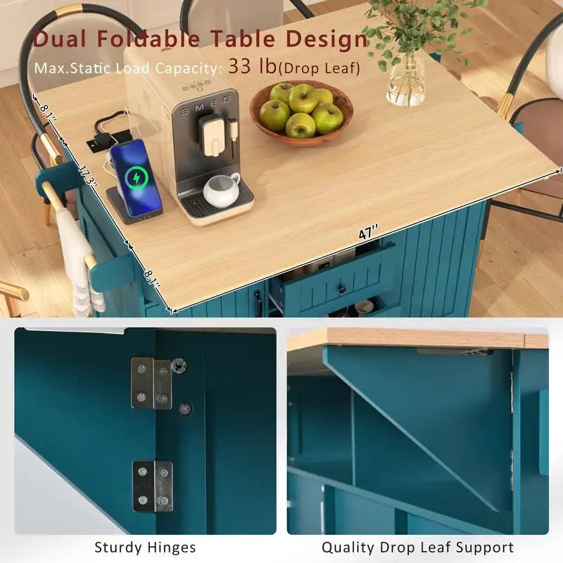 Large Kitchen Island with 2 Drop Leaves, Rolling Kitchen Cart on 5 Wheels, Power Outlet, Folding Storage Dining Table with