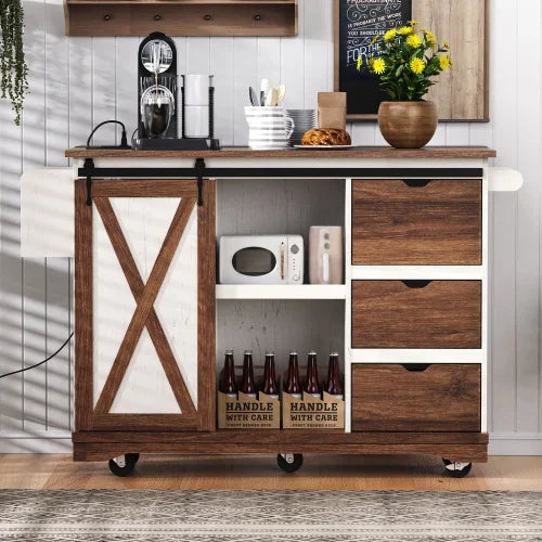 55.5" Farmhouse Kitchen Island with Drop Leaf,Kitchen Storage Island with Barn Door, Power Outlet,Rolling Kitchen Cart on Wheels