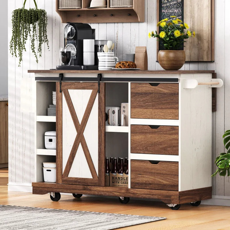 55.5" Farmhouse Kitchen Island with Drop Leaf,Kitchen Storage Island with Barn Door, Power Outlet,Rolling Kitchen Cart on Wheels