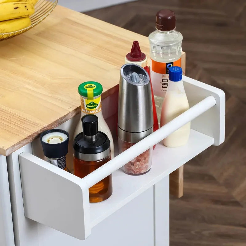 EROMMY Mobile Kitchen Island Cart with Wooden Top, Adjustable Shelves, Storage Drawers & Locking Wheels, White